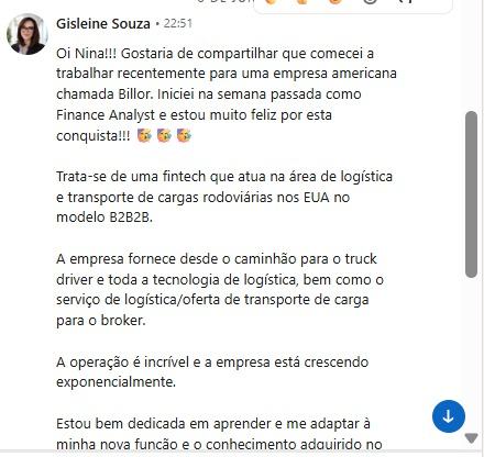 Gisleine conta que começou como Finance Analyst numa empresa americana